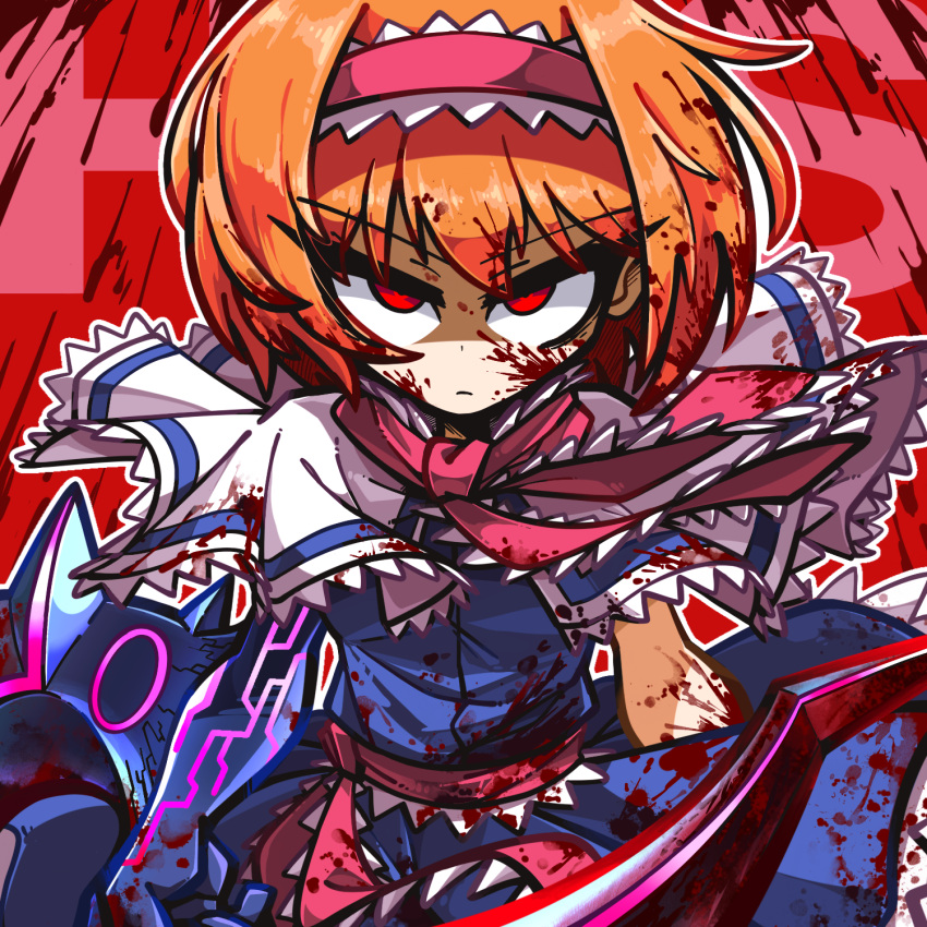 1girl alice_margatroid amerika_zarigani blood blood_in_hair blood_on_arm blood_on_clothes blood_on_face blood_splatter blue_dress bois_de_justice capelet closed_mouth commentary_request cookie_(touhou) cowboy_shot dies_irae dress frilled_hairband frilled_necktie frilled_sash frills frown hairband highres hinase_(cookie) looking_at_viewer medium_bangs necktie orange_hair pink_hairband pink_necktie pink_sash red_background red_eyes sash shaded_face shinza_bansho_series short_hair solo touhou v-shaped_eyebrows white_capelet