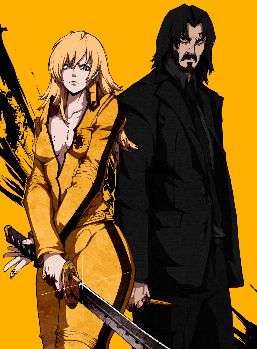 1boy 1girl absurdres beard beatrix_kiddo black_eyes black_hair black_panther black_shirt black_suit blonde_hair blue_eyes collared_shirt commentary crossover facial_hair highres holding holding_knife holding_sword holding_weapon jacket john_wick john_wick_(character) katana kekel kill_bill knife long_hair looking_at_viewer mustache pants shirt simple_background sparkle suit sword weapon yellow_background yellow_jacket yellow_pants