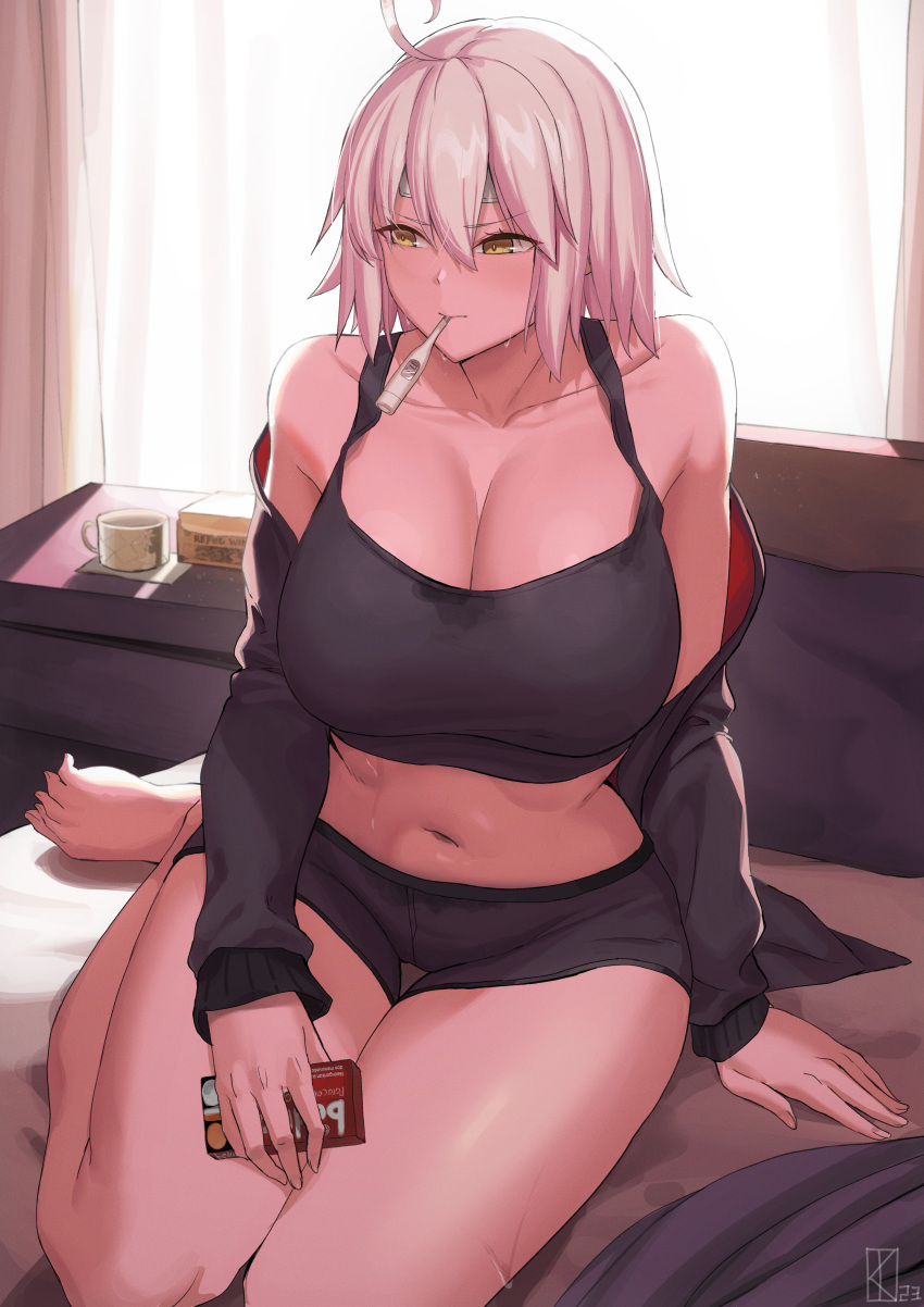1girl absurdres ahoge bare_shoulders barefoot black_jacket black_shirt blush breasts cleavage cup fate/grand_order fate_(series) highres indoors jacket jeanne_d'arc_alter_(fate) kakeku large_breasts long_sleeves navel off_shoulder open_clothes open_jacket shirt short_hair solo thermometer thighs white_hair yellow_eyes
