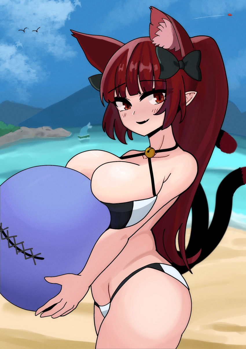 1girl absurdres alternate_hairstyle animal_ears ball beach bell bikini blunt_bangs bow breasts canonball_(dungigi12) cat_ears cowboy_shot fang hair_bow high_ponytail highres holding holding_ball kaenbyou_rin large_breasts looking_at_viewer multiple_tails neck_bell ocean outdoors pointy_ears red_eyes red_hair skin_fang smile solo swimsuit tail thick_thighs thighs touhou two_tails ufo