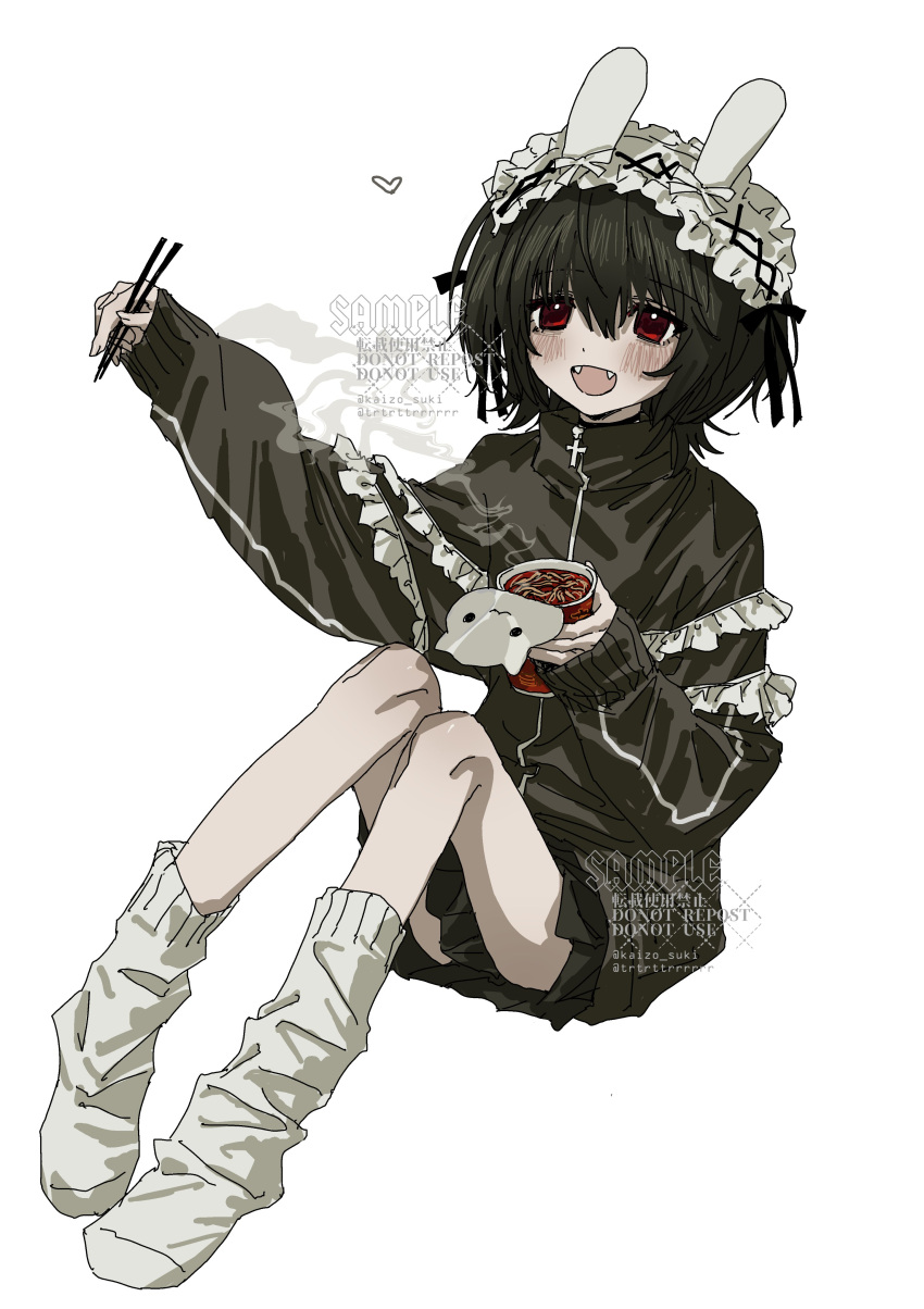 1girl absurdres animal_ears black_hair black_jacket black_ribbon black_skirt chopsticks cup_ramen fake_animal_ears fangs food hair_ribbon hairband heart highres holding holding_chopsticks jacket lolita_hairband long_sleeves loose_socks noodles original pleated_skirt rabbit_ears red_eyes ribbon short_hair simple_background sitting skirt socks solo track_jacket trtrttrrrrrr white_background white_hairband white_socks