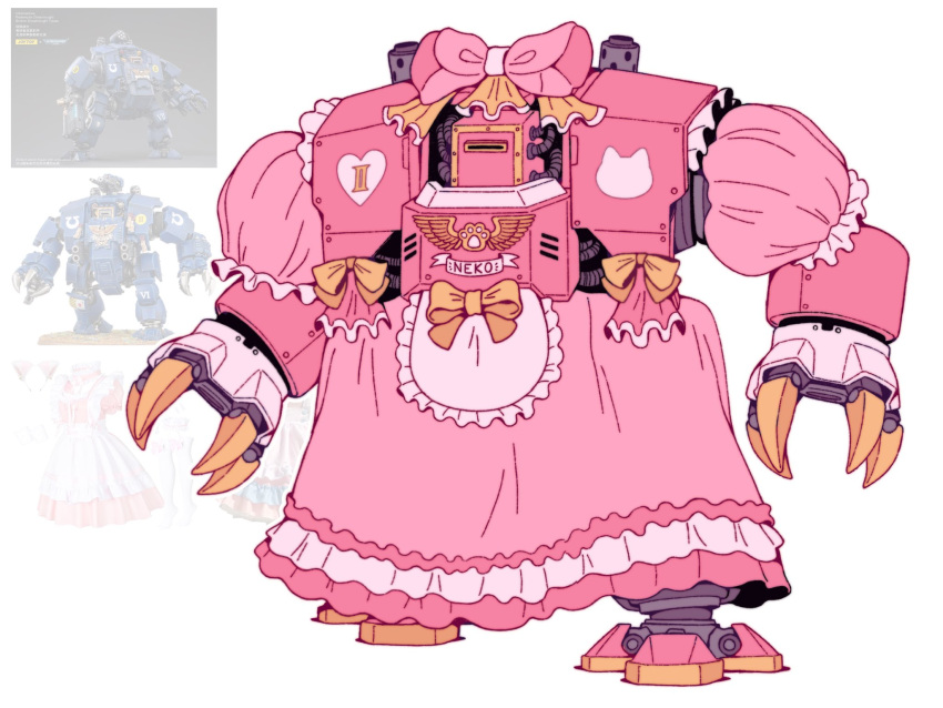 1boy adeptus_astartes apron cat chumiicham claws dreadnought_(warhammer_40k) dress highres maid maid_apron maid_headdress pink_dress ribbon robot warhammer_40k