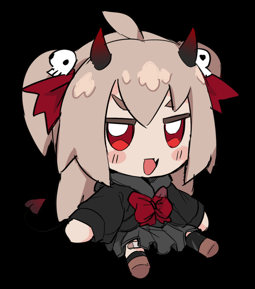 1girl black_background black_cardigan black_skirt blush blush_stickers bow bowtie brown_footwear brown_hair cardigan demon_horns demon_tail evil_neuro-sama fang fumo_(doll) hair_bow hair_ornament highres horns indie_virtual_youtuber long_hair looking_at_viewer neuro-sama open_mouth pasharuu red_bow red_bowtie red_eyes shoes simple_background sitting skin_fang skirt skull_hair_ornament smile solo tail two_side_up virtual_youtuber