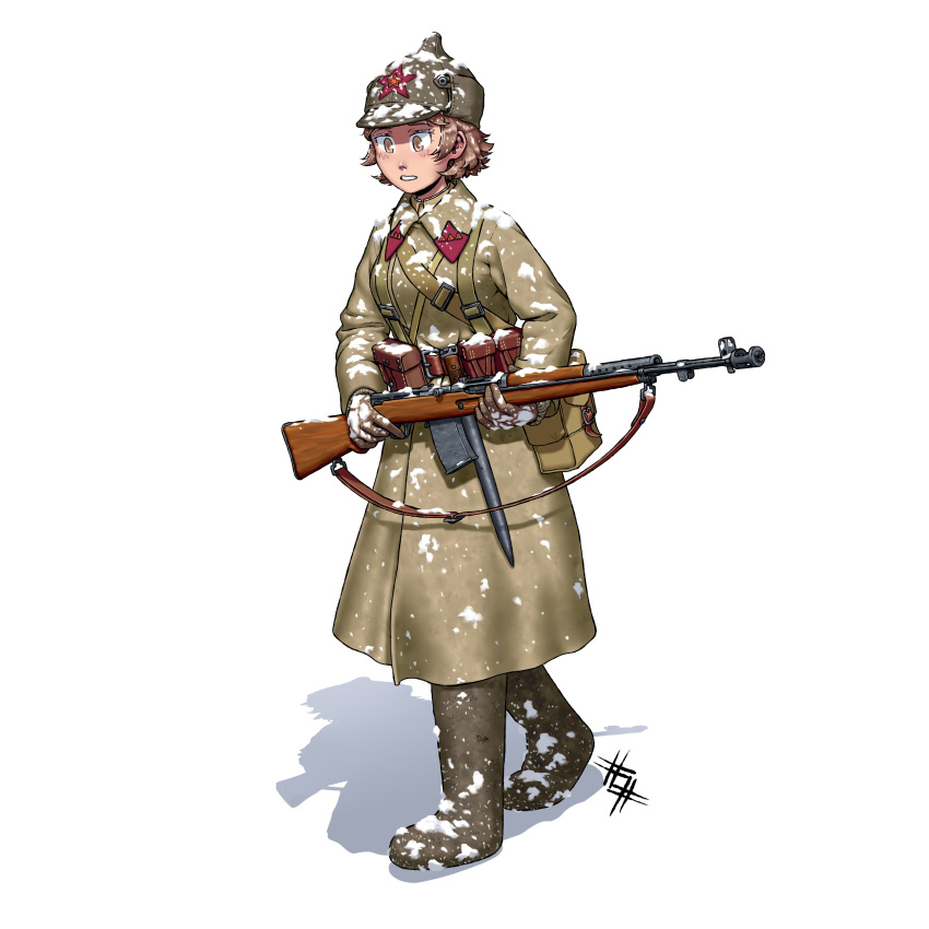 1girl absurdres ammunition_pouch belt boots brown_hair coat collar_tabs full_body gloves gun gun_sling hat highres holding holding_gun holding_weapon long_sleeves military military_coat military_hat military_uniform original ostwindprojekt pants pouch red_star rifle russia short_hair simple_background snow soldier solo soviet soviet_army star_(symbol) uniform weapon white_background world_war_ii