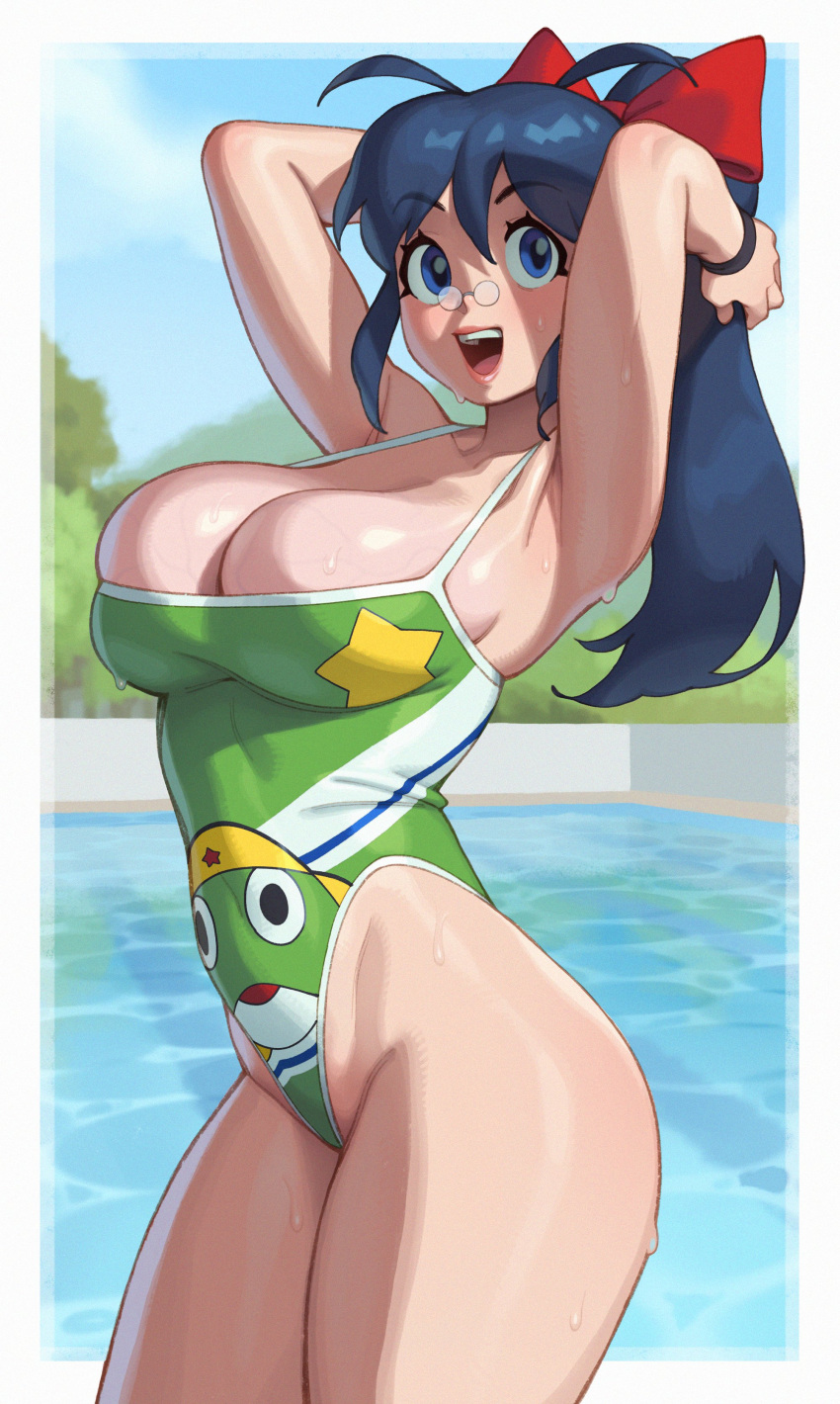 1girl absurdres armpits arms_up blue_eyes blue_hair blue_sky blush bow breasts character_print cleavage commentary day english_commentary from_side glasses green_one-piece_swimsuit hair_bow high_ponytail highleg highleg_swimsuit highres hinata_aki keroro keroro_gunsou large_breasts long_hair looking_at_viewer mature_female one-piece_swimsuit open_mouth outdoors ponytail pool red_bow riz round_eyewear skindentation sky smile solo star_(symbol) star_print swimsuit teeth thick_thighs thighs tree twisted_torso upper_teeth_only water