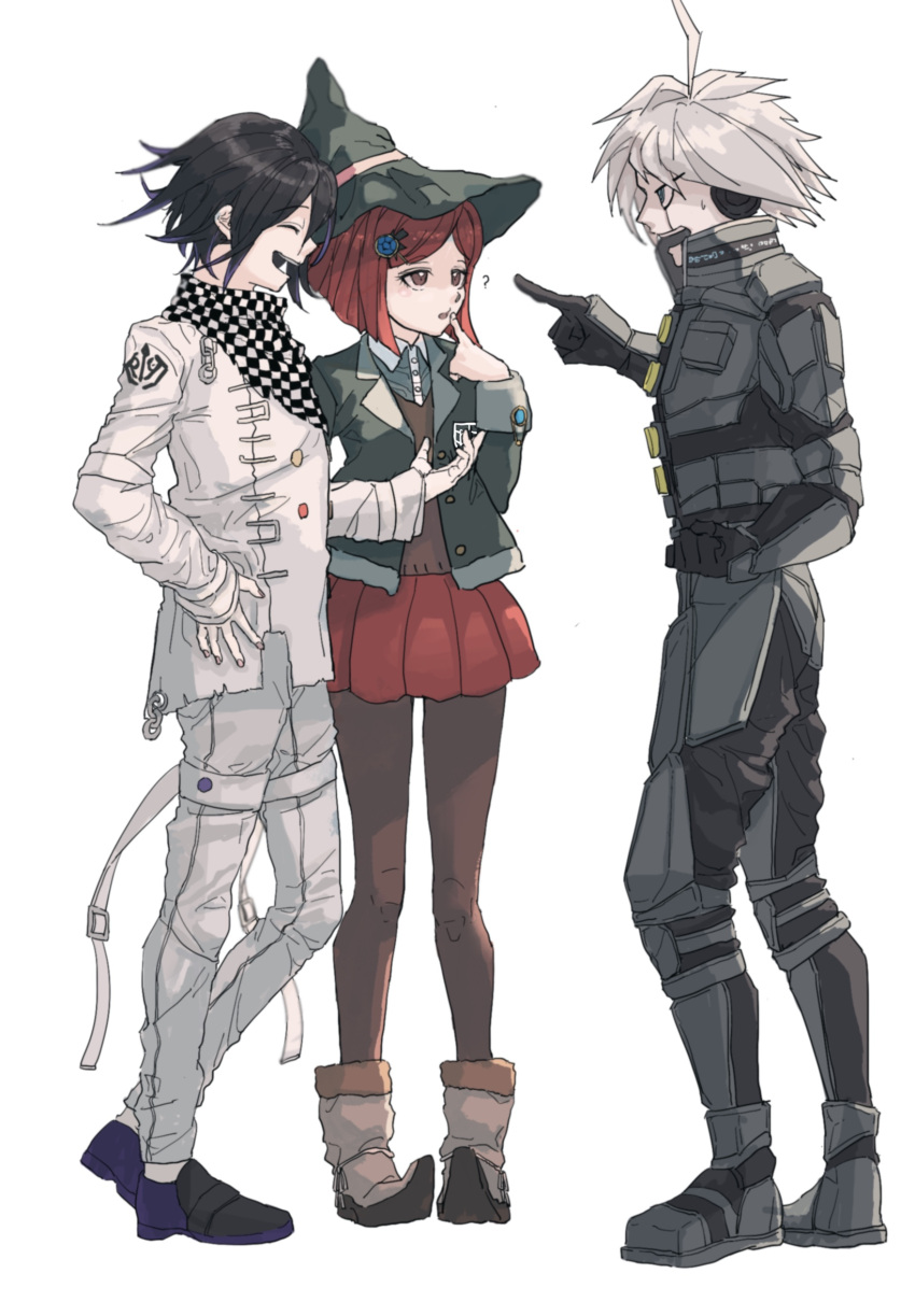 1girl 2boys :d ? ahoge android black_footwear black_hair black_headwear black_jacket brown_pantyhose brown_vest collared_shirt danganronpa_(series) danganronpa_v3:_killing_harmony dress_shirt full_body gem_hair_ornament grey_hair grey_jacket grey_pants grey_shirt hat headphones highres jacket k1-b0 miniskirt multiple_boys oma_kokichi open_clothes open_jacket pants pantyhose pleated_skirt power_armor profile purple_footwear red_hair red_skirt shirt short_hair simple_background skirt smile standing sweatdrop teeth upper_teeth_only vest white_background white_shirt witch_hat yoshie_(komaneko0007) yumeno_himiko