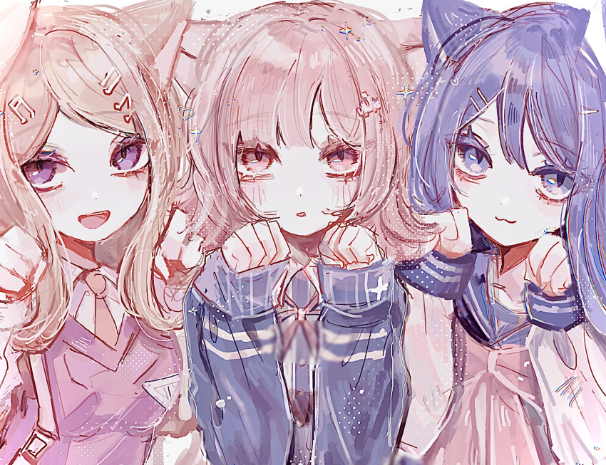 3girls :3 akamatsu_kaede animal_ears blonde_hair blue_hair blue_jacket blue_sailor_collar blunt_bangs blush bow bowtie cat_ears collared_shirt danganronpa:_trigger_happy_havoc danganronpa_(series) danganronpa_2:_goodbye_despair danganronpa_v3:_killing_harmony flipped_hair galaga hair_ornament hairpin highres jacket long_hair long_sleeves looking_at_viewer maizono_sayaka multiple_girls musical_note musical_note_hair_ornament nanami_chiaki naruse_(nal1525) neck_ribbon necktie open_mouth parted_lips pink_bow pink_eyes pink_hair pink_ribbon pink_sweater_vest ribbon sailor_collar school_uniform shirt short_hair sidelocks spaceship_hair_ornament sweater_vest swept_bangs upper_body white_background white_shirt