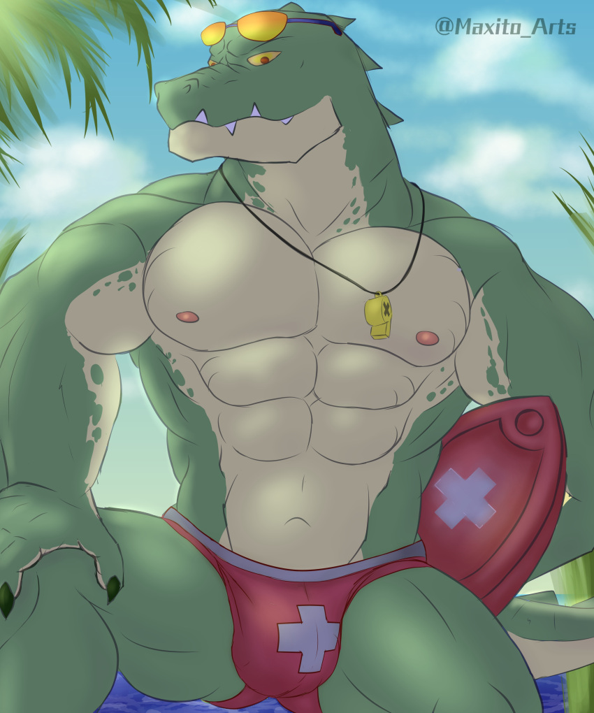 absurd_res ambiguous_gender anthro beach crocodile crocodilian crocodylid feral hi_res humanoid league_of_legends lifeguard male male/male maxito_arts muscular pecs renekton reptile riot_games scalie seaside solo suggestive