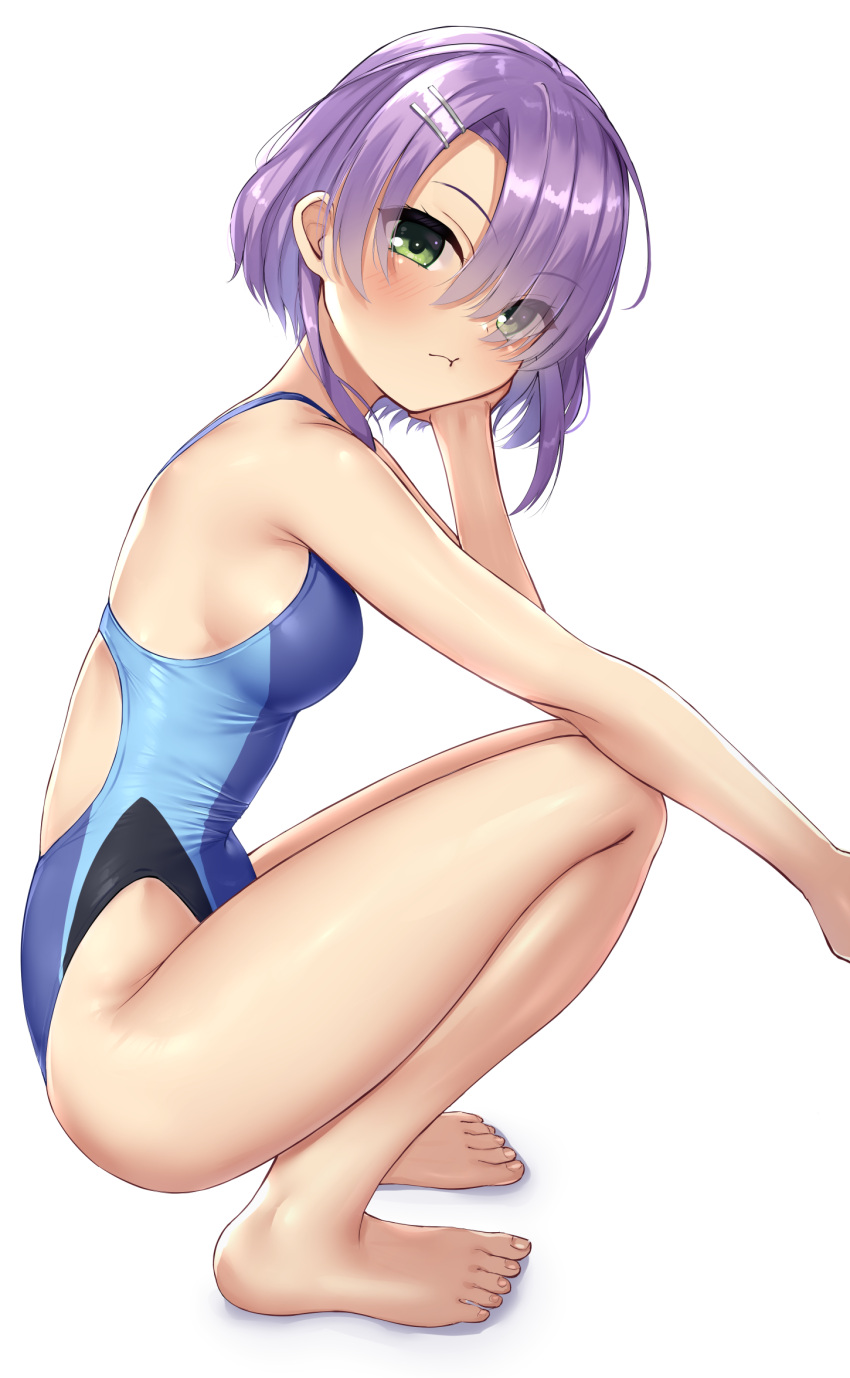 1girl :t armpit_crease barefoot blue_one-piece_swimsuit blush breasts cafe_stella_to_shinigami_no_chou commentary competition_swimsuit eyelashes eyes_visible_through_hair from_side full_body green_eyes hair_ornament hair_over_one_eye hairclip hand_on_own_cheek hand_on_own_face head_rest highleg highleg_swimsuit highres hiuchidani_mei leaning_forward legs looking_at_viewer medium_breasts multicolored_clothes multicolored_swimsuit ncontrail_(mgax7527) one-piece_swimsuit pout purple_hair shiny_skin short_hair short_hair_with_long_locks sideboob simple_background skindentation solo squatting swimsuit tan thighs toenails toes white_background