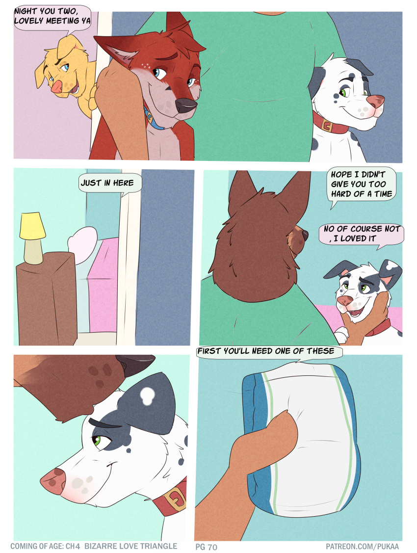 2022 absurd_res anthro bird_dog black_nose blonde_hair blue_ears blue_eyes blue_spots boise_(pukaa) brown_body brown_ears brown_fur brown_hair canid canine canis collar collar_only comic dalmatian daniel_(pukaa) dexy_(pukaa) dialogue diaper domestic_dog duo eyewear floppy_ears forehead_kiss fox fur german_shepherd glasses golden_retriever hair herding_dog hi_res holding_diaper holding_face hunting_dog male male/male mammal monotone_body monotone_ears monotone_fur monotone_hair multicolored_body multicolored_ears multicolored_fur nude oscar_(pukaa) page_number pastoral_dog pink_inner_ear pink_nose pukaa red_body red_fox red_fur red_hair retriever speech_bubble spots spotted_body spotted_fur text touching_diaper two_tone_body two_tone_ears two_tone_fur url white_body white_ears white_fur white_hair yellow_ears