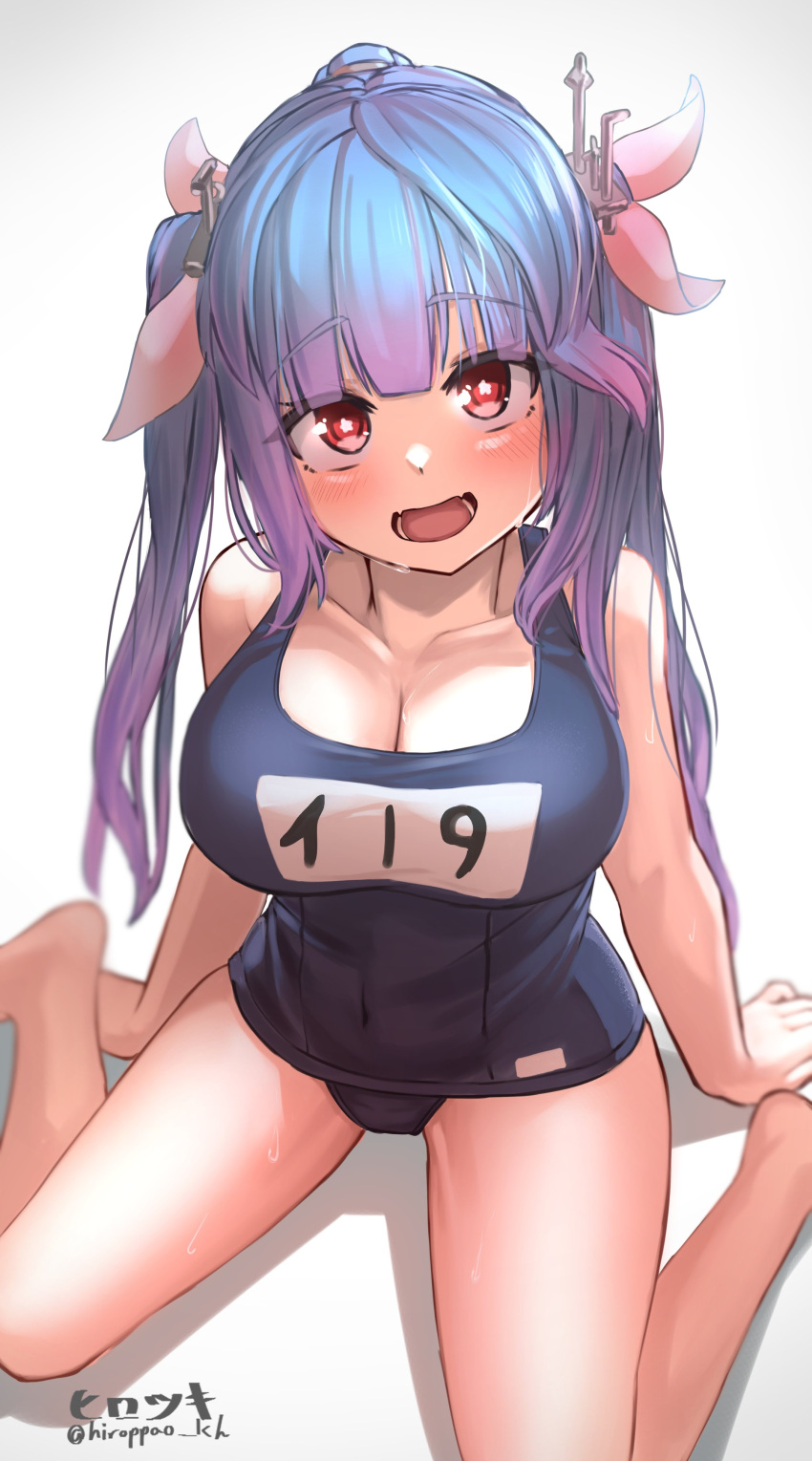 1girl absurdres blue_hair blue_one-piece_swimsuit blush breasts covered_navel flower-shaped_pupils hair_ornament hair_ribbon highres hirotsuki i-19_(kancolle) kantai_collection large_breasts long_hair looking_at_viewer name_tag one-piece_swimsuit open_mouth ribbon school_swimsuit sitting swimsuit symbol-shaped_pupils twintails wariza