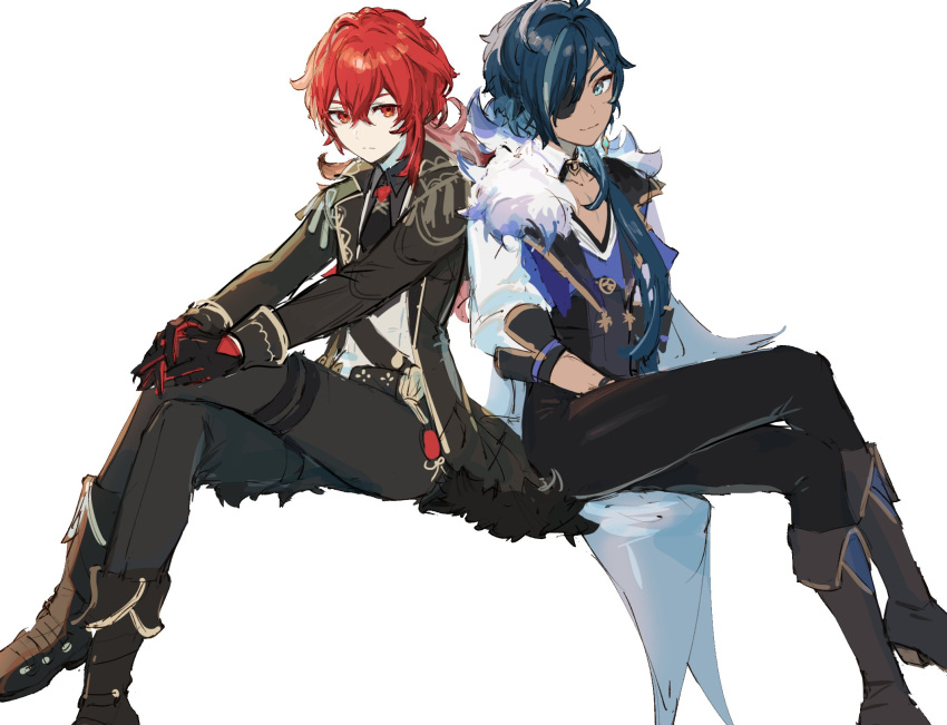 2boys black_coat black_footwear black_gloves black_pants blue_eyes blue_hair boots closed_mouth coat crossed_legs dark-skinned_male dark_skin diluc_(genshin_impact) eyepatch genshin_impact gloves hair_between_eyes highres invisible_chair jacket kaeya_(genshin_impact) long_hair looking_at_viewer male_focus multicolored_hair multiple_boys pants red_eyes red_hair simple_background sitting streaked_hair white_background yu-ri