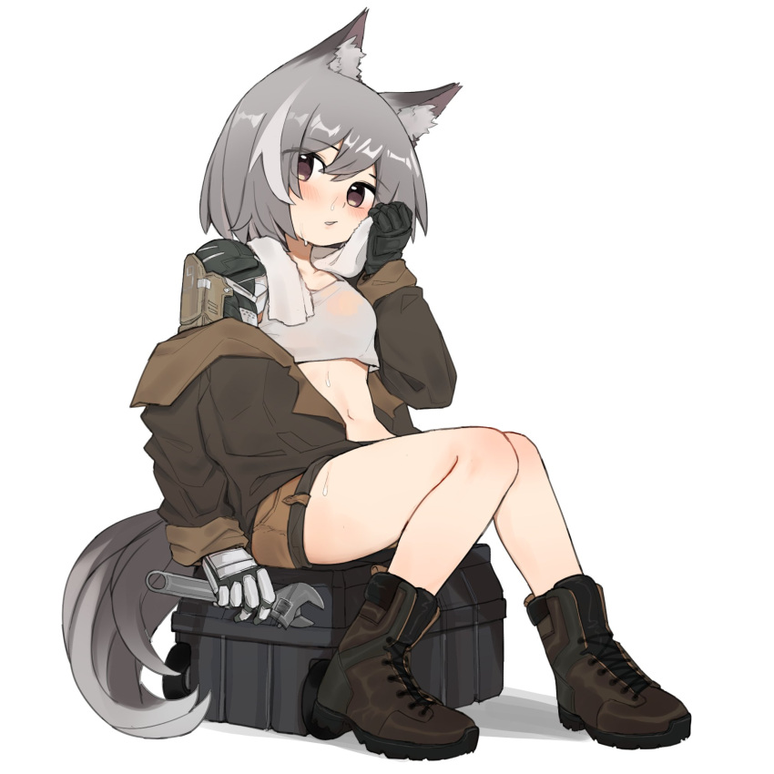 1girl animal_ear_fluff animal_ears black_gloves blush bomber_jacket boots brown_eyes brown_footwear brown_jacket brown_shorts collarbone crate crop_top expressionless eyebrows_hidden_by_hair fox_ears fox_girl fox_tail full_body gloves grey_hair grey_tail highres jaana_kettu jacket kpe934k0s282b2 looking_at_viewer mechanical_arms midriff navel off_shoulder open_clothes open_jacket original parted_lips prosthesis prosthetic_arm short_hair short_shorts shorts simple_background single_glove single_mechanical_arm sitting solo sweat tactical_clothes tail tank_top towel towel_around_neck white_background white_tank_top white_towel wiping_face wiping_sweat wrench