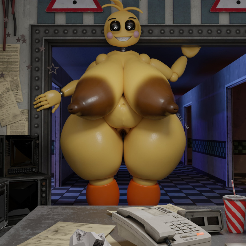 adri164 animatronic areola avian belly big_areola big_belly big_breasts big_nipples bird breasts brown_areola chicken female five_nights_at_freddy's five_nights_at_freddy's_2 galliform gallus_(genus) genitals hi_res long_labia looking_at_viewer lovetaste_chica machine navel nipples phasianid pussy robot scottgames smile solo thick_thighs toy_chica_(fnaf) wide_hips yellow_body
