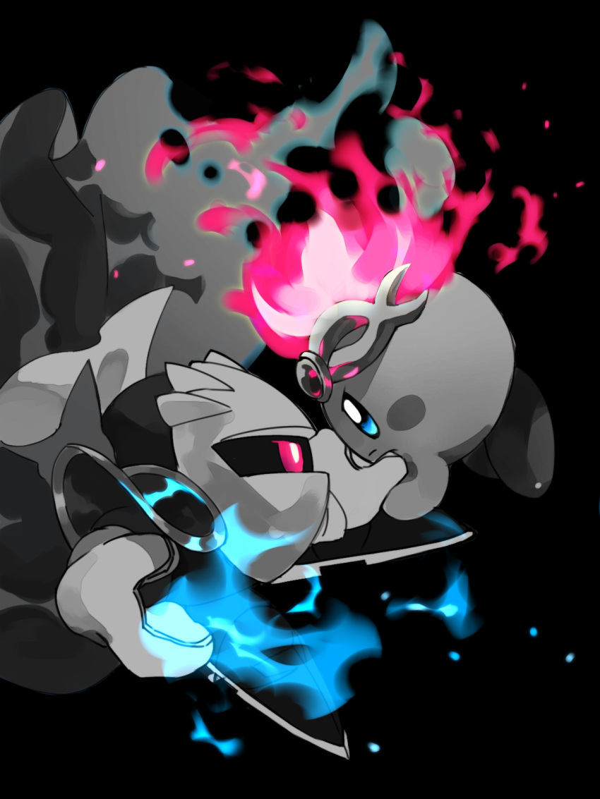 2boys black_background blue_eyes blue_fire cape commentary_request eye_contact fire fire_kirby flame highres holding holding_sword holding_weapon kirby kirby_(series) looking_at_another male_focus mask meta_knight monochrome multiple_boys red_eyes simple_background sword user_gaje3724 weapon