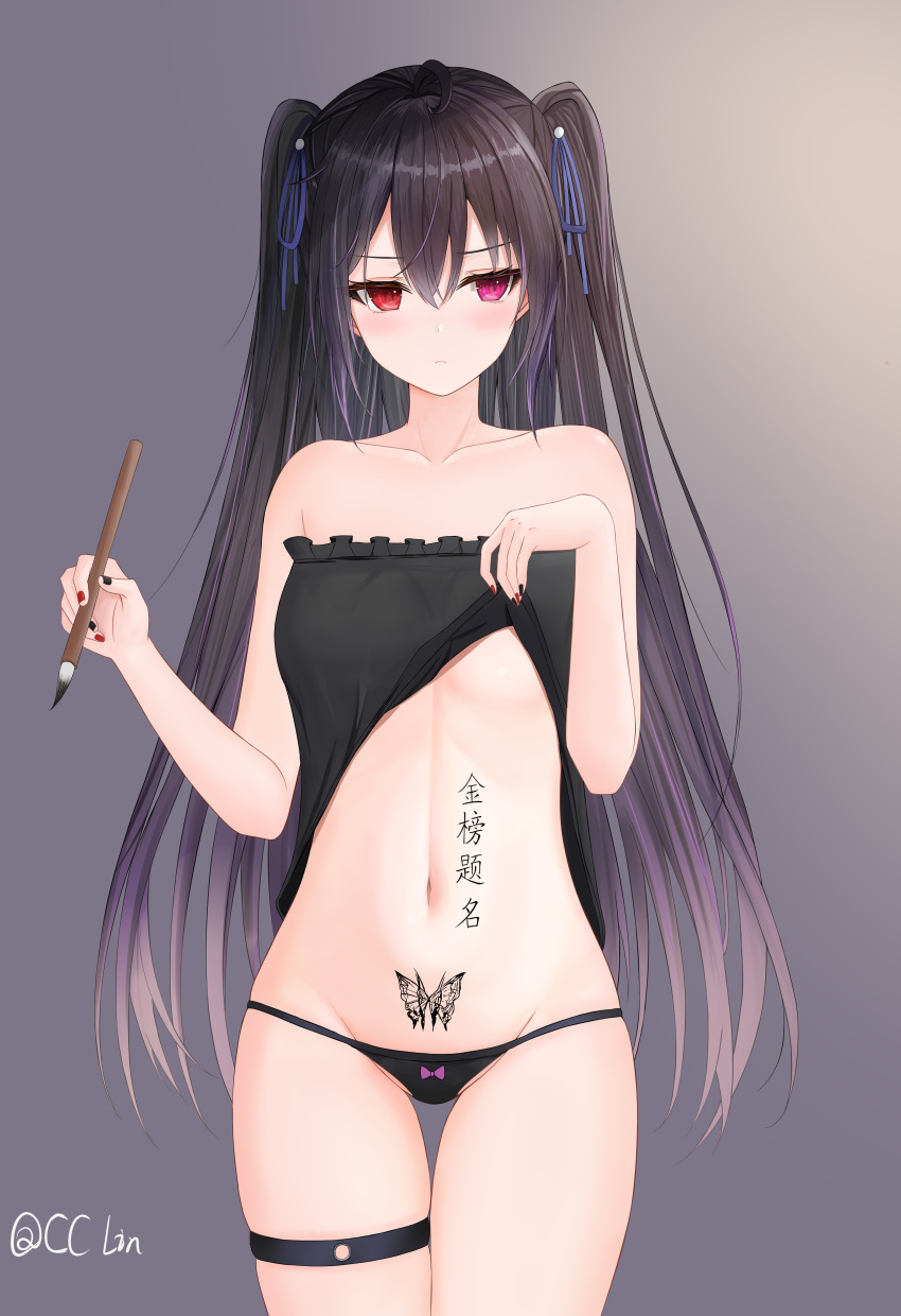 &gt;:( 1girl absurdres ahoge bare_arms bare_shoulders black_camisole black_hair black_nails black_panties blue_ribbon blush body_writing bow bow_panties breasts butterfly_tattoo calligraphy calligraphy_brush camisole camisole_lift cc_lin chinese_commentary closed_mouth collarbone commentary_request cowboy_shot curvy double-parted_bangs eyelashes frilled_camisole frills frown gradient_background grey_background groin hair_between_eyes hair_ribbon hands_up heterochromia highres holding holding_brush ink long_hair looking_at_viewer looking_to_the_side medium_breasts midriff nail_polish navel no_bra original paintbrush panties partially_visible_vulva pixiv_username purple_bow purple_eyes red_eyes red_nails ribbon shy sidelighting simple_background skindentation solo standing stomach stomach_tattoo straight-on straight_hair tattoo thigh_gap thigh_strap thighs translation_request two_side_up underboob underwear v-shaped_eyebrows very_long_hair