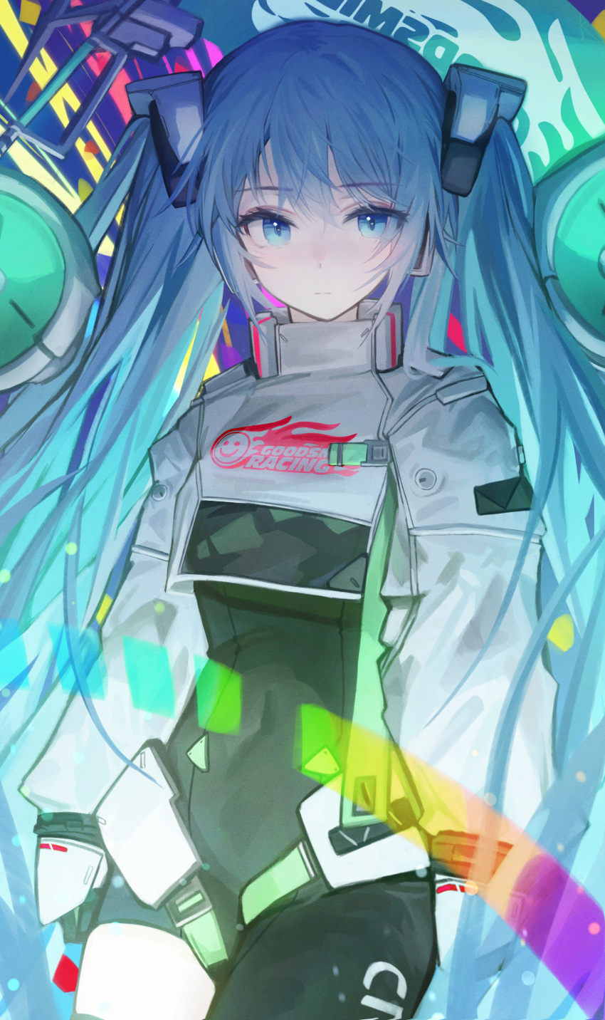 1girl absurdres asymmetrical_bodysuit black_bodysuit blue_eyes blue_hair bodysuit boots closed_mouth commentary covered_navel cowboy_shot cropped_jacket flame_print hatsune_miku highres jacket long_hair long_sleeves looking_at_viewer mihoranran race_queen racing_miku racing_miku_(2022) single_leg_bodysuit single_thigh_boot single_thighhigh smiley_face solo text_print thigh_boots thighhighs twintails very_long_hair vocaloid white_jacket