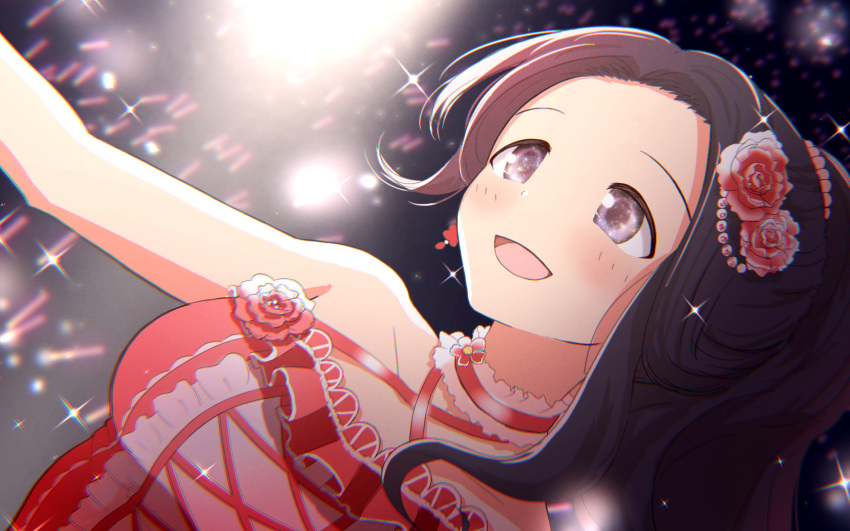 1girl bare_shoulders black_hair bow breasts choker close-up collarbone dot_nose dress earrings egami_tsubaki flower flower_earrings frilled_dress frills glowstick hair_bow hair_flower hair_ornament highres idolmaster idolmaster_cinderella_girls jewelry katomya large_breasts long_hair looking_at_another open_mouth pearl_hair_ornament pink_bow pink_flower pink_rose ponytail purple_eyes red_dress rose sleeveless sleeveless_dress smile solo sparkle stage_lights white_choker