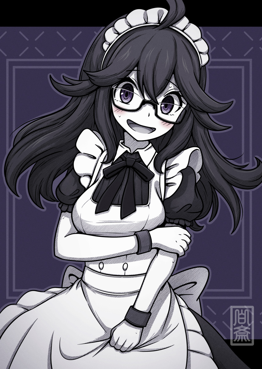 1girl absurdres ahoge alternate_costume apron blush breasts commentary_request glasses hakusai_(user_nkkd7242) hand_on_own_arm hex_maniac_(pokemon) highres looking_at_viewer maid maid_apron maid_headdress open_mouth pokemon pokemon_(game) pokemon_xy purple_theme smile solo sweat wrist_cuffs