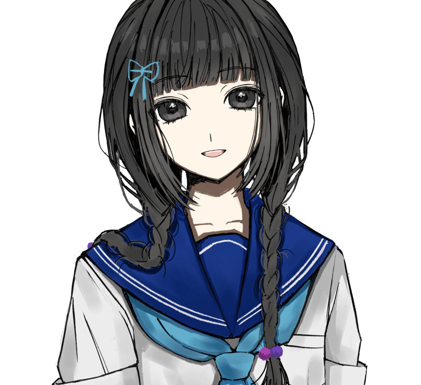 1girl amemori_sayo aqua_neckerchief aqua_ribbon black_eyes black_hair blue_sailor_collar blunt_bangs braid collarbone commentary_request hair_bobbles hair_ornament hair_over_shoulder hair_ribbon head_tilt highres long_hair looking_at_viewer low_twin_braids neckerchief nijisanji official_alternate_costume open_mouth ribbon roka_(roka_00416) sailor_collar school_uniform serafuku shirt short_sleeves simple_background smile solo straight-on twin_braids upper_body virtual_youtuber white_background white_shirt