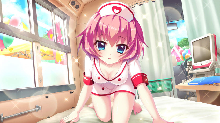 1girl all_fours ambulance balloon banner bare_legs barefoot bed blue_eyes blue_sky breasts cleavage cloud collarbone curtains day dot_nose downblouse dutch_angle film_grain game_cg hat hiiragi_kae izumi_tsubasu lens_flare looking_at_viewer medium_breasts monitor non-web_source nurse nurse_cap official_art parted_lips pink_hair re:stage! rear-view_mirror short_hair short_sleeves sky smile solo sparkle steering_wheel stethoscope thighs window