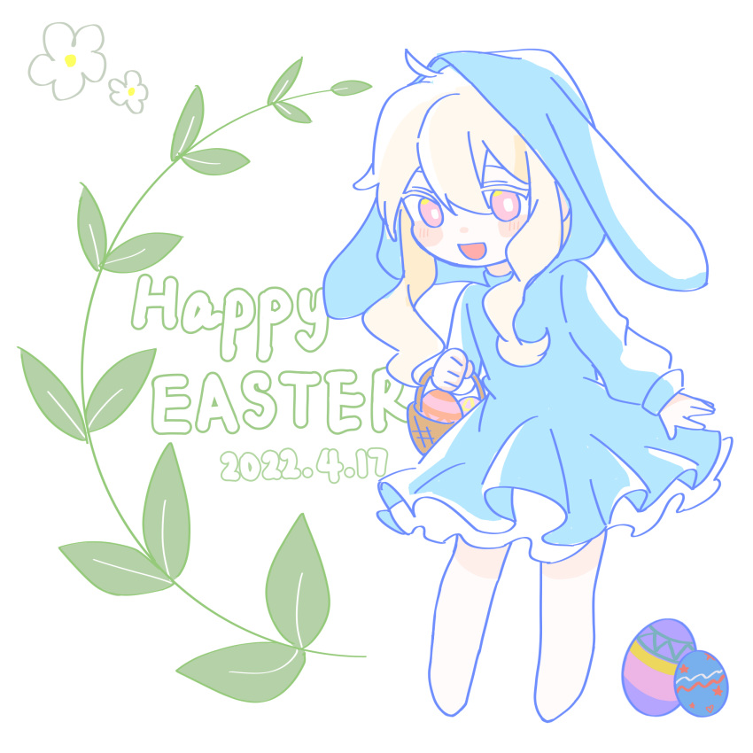 1girl :d albino alternate_costume animal_ears animal_hood aqua_dress basket blush bright_pupils colored_eyelashes dated double-parted_bangs dress easter_egg egg flower hair_between_eyes happy_easter highres holding holding_basket hood hood_up hooded_dress kagerou_project koyon kozakura_marry leaf long_hair long_sleeves lop_rabbit_ears nose_blush open_mouth pale_skin pastel_colors petticoat pink_eyes pleated_dress rabbit_ears rabbit_hood simple_background smile solo wavy_hair white_background white_flower white_hair white_pupils