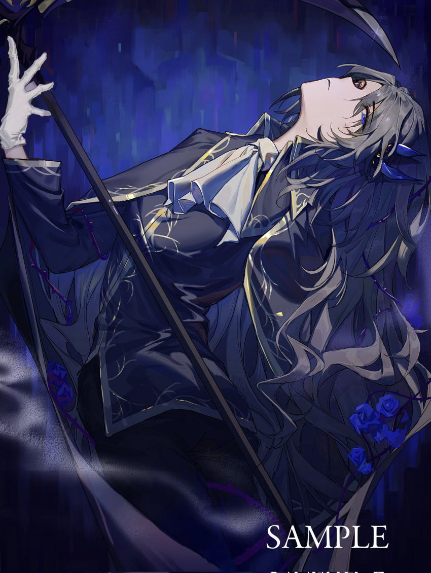 1boy argalia_(library_of_ruina) ascot black_pants blue_cape blue_coat blue_eyes blue_theme cape closed_mouth coat gloves gold_trim hair_ornament head_tilt highres holding holding_scythe library_of_ruina long_hair looking_at_viewer male_focus pants project_moon scythe solo sona_(lnjixn) very_long_hair white_ascot white_gloves white_hair