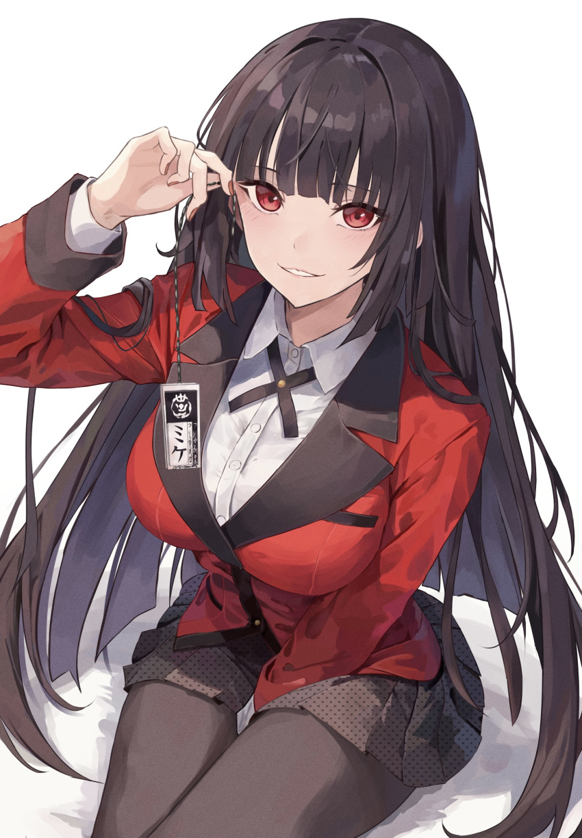 1girl between_legs black_hair black_skirt blazer breasts brown_pantyhose chair formal hand_between_legs highres hime_cut holding hyakkaou_academy_school_uniform jabami_yumeko jacket kakegurui komura_hiroto large_breasts long_hair long_sleeves looking_at_viewer pantyhose red_eyes red_jacket red_suit school_uniform shirt simple_background skirt smile solo suit suit_jacket uniform white_background white_shirt