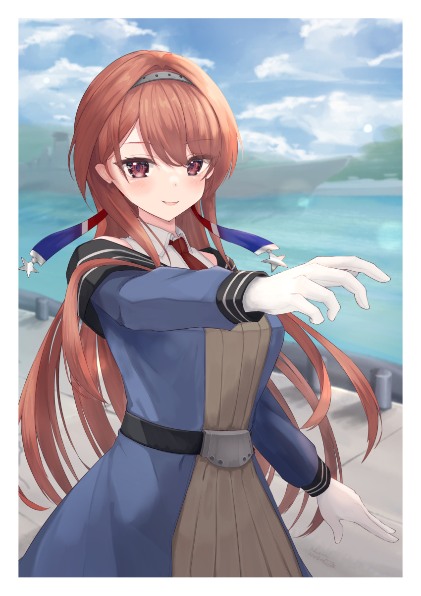 1girl black_sailor_collar blue_dress blush brown_hair cowboy_shot dress gloves grey_hairband hairband highres kantai_collection long_hair long_sleeves nazono_neko necktie nevada_(kancolle) nevada_kai_(kancolle) open_mouth red_eyes red_hair red_necktie sailor_collar shirt smile solo white_gloves white_shirt