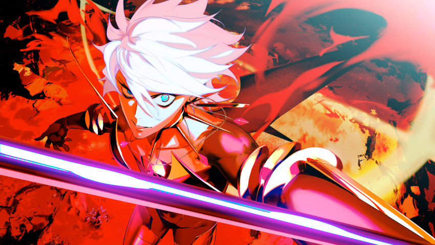 1boy armor bishounen blue_eyes collar colored_skin dynamic_pose eyeshadow fate/grand_order fate_(series) gold_armor highres karna_(fate) makeup male_focus official_art pako_(pakosun) pale_skin red_eyeshadow spiked_collar spikes white_hair white_skin