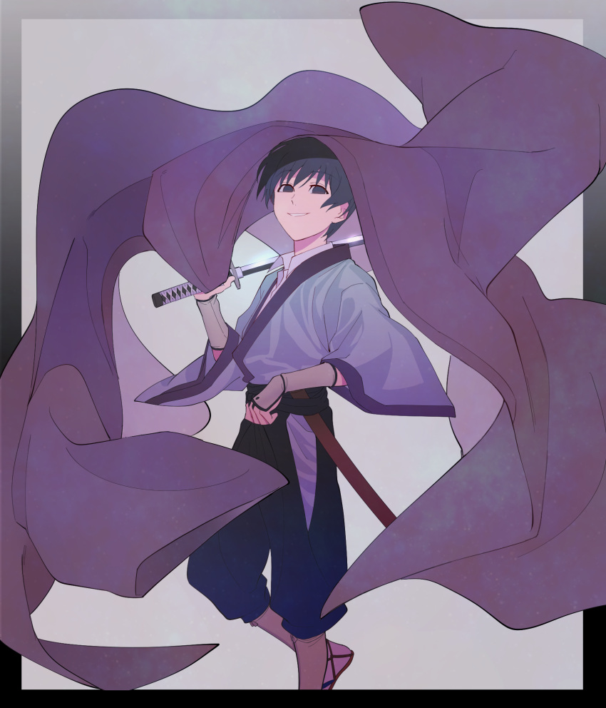 1boy arm_guards black_hair blue_kimono blue_pants border carrying_over_shoulder collared_shirt empty_eyes feet_out_of_frame from_side grey_background hand_up haori haori_removed highres hip_vent holding holding_sword holding_weapon jacket japanese_clothes katana kimono long_sleeves looking_at_viewer looking_to_the_side male_focus okurase pants purple_jacket rurouni_kenshin scabbard seta_soujirou sheath shirt short_hair simple_background smile solo standing sword unsheathed waraji weapon white_shirt wide_sleeves