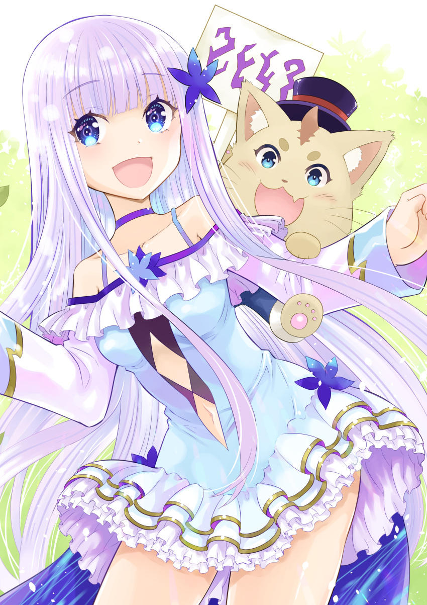 1girl absurdres bare_shoulders blue_eyes cat collarbone cover cover_page dress fang frilled_dress frills hair_ornament hat highres kenja_no_deshi_wo_nanoru_kenja long_hair long_sleeves looking_at_viewer manga_cover mira_(kendeshi) navel open_mouth sign top_hat uonuma_yuu white_hair