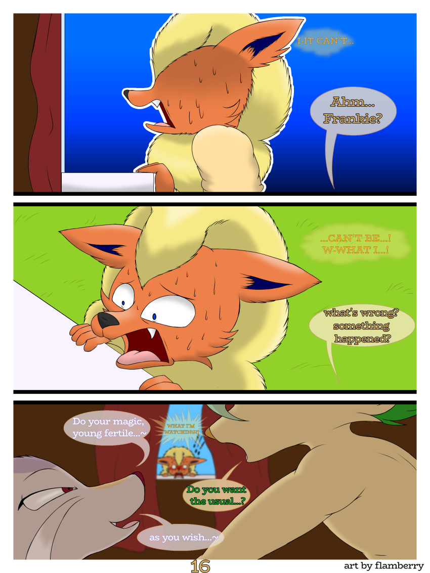 3:4 absurd_res age_difference anthro blush bodily_fluids canid canine clothed clothing dialogue digital_drawing_(artwork) digital_media_(artwork) duo eeveelution english_text female flamberry_(artist) flareon franklin_flare fur generation_1_pokemon generation_2_pokemon generation_4_pokemon generation_5_pokemon hair hi_res leafeon looking_at_another lyennan_venizee_flare_(flamberry) mae_lin_shun male mammal mature_female mienshao mustelid musteline nintendo nude open_mouth pokemon pokemon_(species) scared_face simple_background smile spying stoat sweat text true_musteline weasel