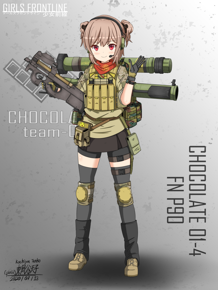 1girl absurdres ammunition_pouch artist_name bangs belgian_flag black_gloves black_leg_warmers black_skirt blush boots brown_footwear brown_gloves brown_shirt brown_vest bullpup camouflage camouflage_shirt character_name closed_mouth combat_boots commentary_request copyright_name cross-laced_footwear dated desert_camouflage double_bun emoji english_text fn_herstal full_body girls'_frontline gloves gradient_background grey_background grey_thighhighs gun hair_bun hair_ornament hand_up headset highres holding holding_gun holding_weapon kanji knee_pads kochiya_tenko leg_warmers light_brown_hair load_bearing_equipment load_bearing_vest logo looking_at_viewer military miniskirt neck_warmer no_eyewear p90 p90_(girls'_frontline) pixiv_username pouch product_placement red_eyes rocket_launcher romaji_text shirt skirt sleeves_rolled_up smaw smile smoke_grenade snap-fit_buckle solo standing submachine_gun tactical_clothes thigh_pouch thighhighs tsurime two-tone_gloves vest watch weapon weapon_name weapon_on_back white_background wristwatch