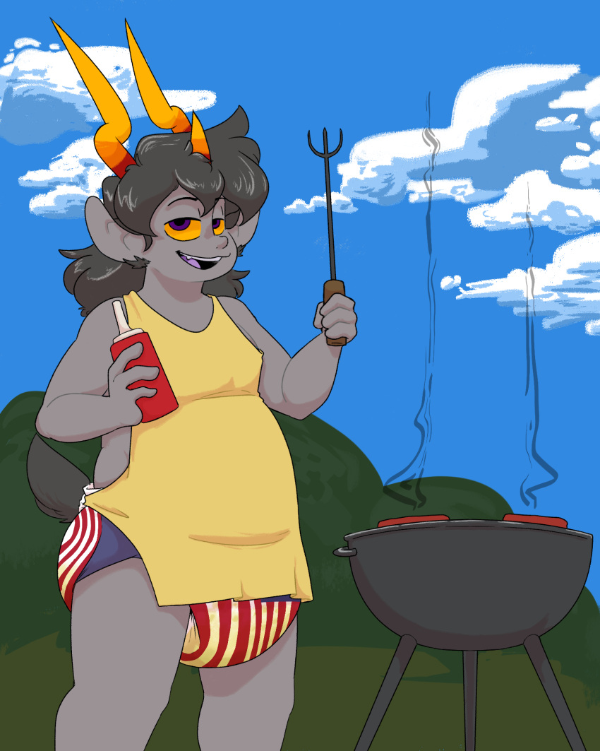 4th_of_july alien apron barbecue barbecue_fork cheetoeater chubby_male clothing cloudscape cutlery diaper fork goat_tail grill grilling hi_res homestuck horn humanoid i_just_wanna_grill kitchen_utensils male meme ms_paint_adventures purple_eyes sky smile smoke solo tools troll_(homestuck) webcomic yellow_sclera zaptie_(cheetoeater)