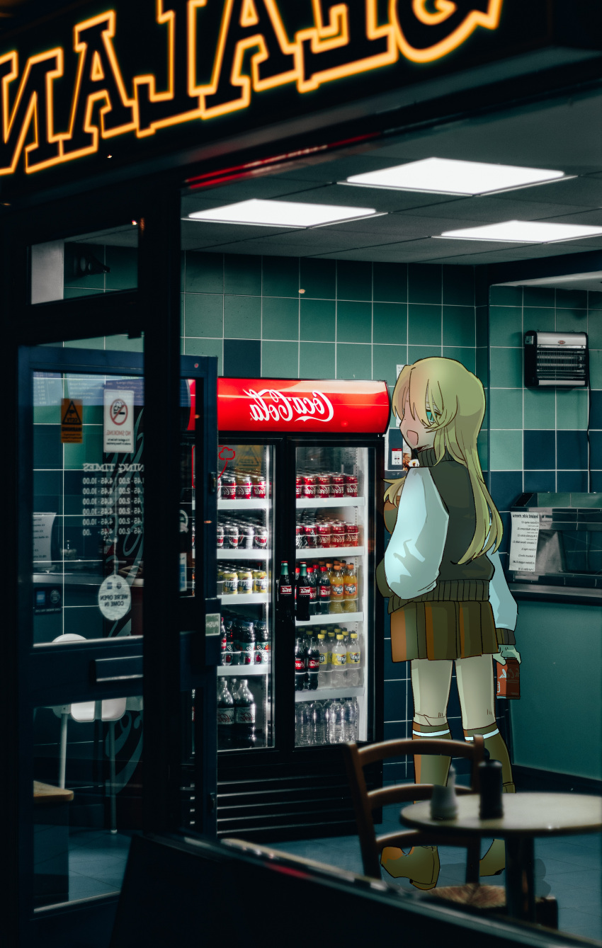 1girl absurdres blonde_hair boots brown_footwear brown_skirt can ceiling_light coca-cola commentary_request denki_enzanki fanta from_outside full_body green_eyes hair_over_shoulder hand_in_pocket highres holding holding_can indoors jacket knee_boots letterman_jacket long_hair long_sleeves looking_at_viewer looking_back mirrored_text open_mouth photo_background pleated_skirt refrigerator restaurant skirt smile soda_bottle soda_can solo standing tile_wall tiles tsurumaki_maki voiceroid window