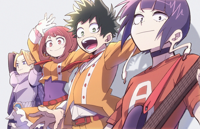 2boys 2girls :d akiyama_(noconoco) aoyama_yuuga armor belt belt_buckle black_choker blonde_hair blunt_bangs blush blush_stickers boku_no_hero_academia brown_eyes brown_hair buckle buttons cape choker closed_mouth commentary_request covered_navel cropped_jacket electric_guitar eyelashes freckles frilled_skirt frills green_eyes green_hair grey_background guitar holding holding_instrument instrument jacket jirou_kyouka long_earlobes long_sleeves looking_at_viewer medium_hair midoriya_izuku multiple_boys multiple_girls necktie open_mouth orange_jacket orange_skirt parted_bangs purple_cape purple_eyes purple_hair red_belt red_necktie red_shirt round_teeth shirt short_eyebrows short_hair short_sleeves simple_background skirt smile t-shirt teeth tongue uraraka_ochako v-shaped_eyebrows white_shirt