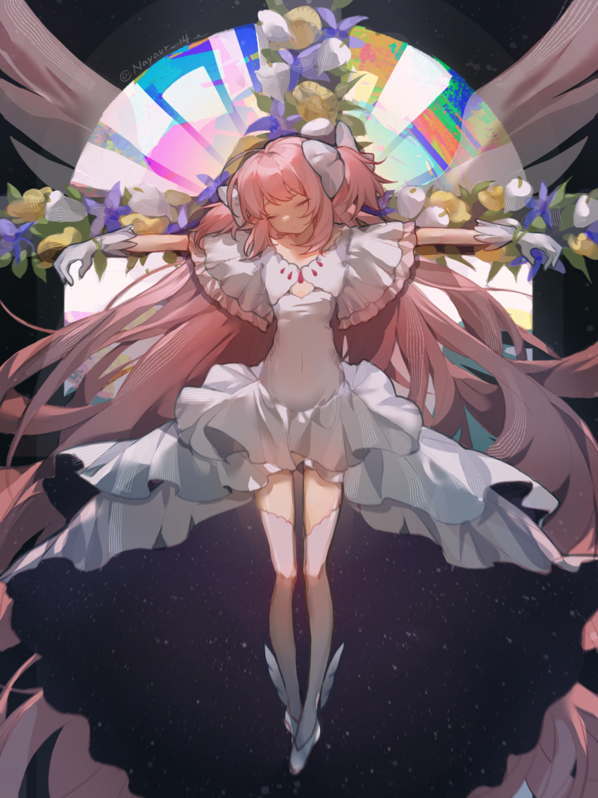 1girl absurdres artist_name black_background bow cleavage_cutout closed_eyes clothing_cutout covered_navel cross crucifixion dress expressionless facing_viewer flower frilled_sleeves frills full_body gloves hair_bow highres kaname_madoka layered_dress long_hair mahou_shoujo_madoka_magica mahou_shoujo_madoka_magica_(anime) outstretched_arms pink_hair pink_wings procreate_(medium) shixiaoqina signature solo spread_arms stained_glass starry_sky_print thighhighs transparent_wings two-sided_fabric two_side_up ultimate_madoka very_long_hair white_dress white_footwear white_gloves white_thighhighs winged_footwear wings