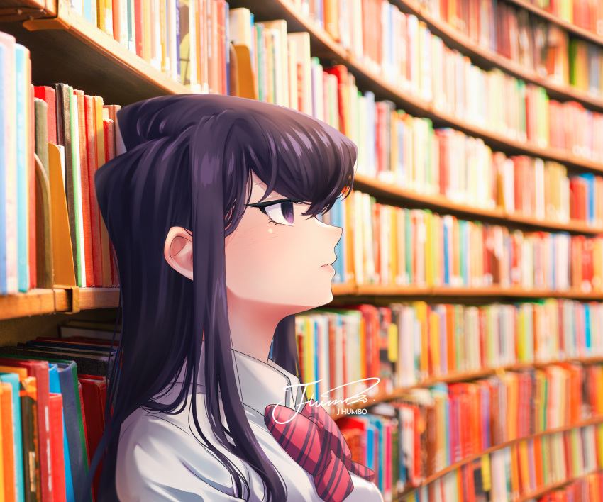 1girl absurdres artist_name black_eyes black_hair book bookshelf bow closed_mouth collared_shirt diagonal-striped_bow from_side highres indoors j_humbo komi-san_wa_komyushou_desu komi_shouko long_hair photo_background shirt signature solo striped striped_bow white_shirt