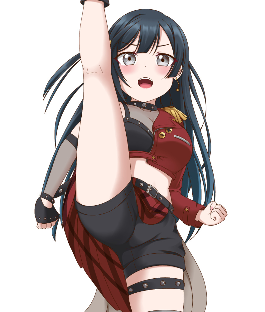 1girl axe_kick bangs belt belt_buckle black_gloves black_hair blush breasts buckle cleavage collarbone dive!_(love_live!) earrings english_commentary fingerless_gloves gloves grey_eyes highres jacket jan_azure jewelry long_hair looking_at_viewer love_live! love_live!_nijigasaki_high_school_idol_club medium_breasts midriff one_side_up red_jacket short_shorts shorts sidelocks single_sleeve solo split standing standing_on_one_leg standing_split star_(symbol) star_earrings white_background yuuki_setsuna_(love_live!)