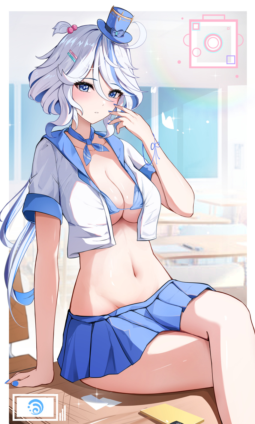 1girl absurdres alternate_costume arm_support blue_bra blue_choker blue_eyes blue_headwear blue_nails blue_skirt blush bra breasts choker cleavage commentary_request crop_top crossed_legs feet_out_of_frame furina_(genshin_impact) genshin_impact hair_bobbles hair_ornament half_updo hand_up hat highres hydro_symbol_(genshin_impact) indoors long_hair looking_at_viewer midriff mini_hat mini_top_hat miniskirt multicolored_hair nail_polish navel open_clothes open_shirt pleated_skirt shirt short_sleeves sitting skirt solo stomach streaked_hair top_hat underwear very_long_hair white_hair white_shirt yeni1871