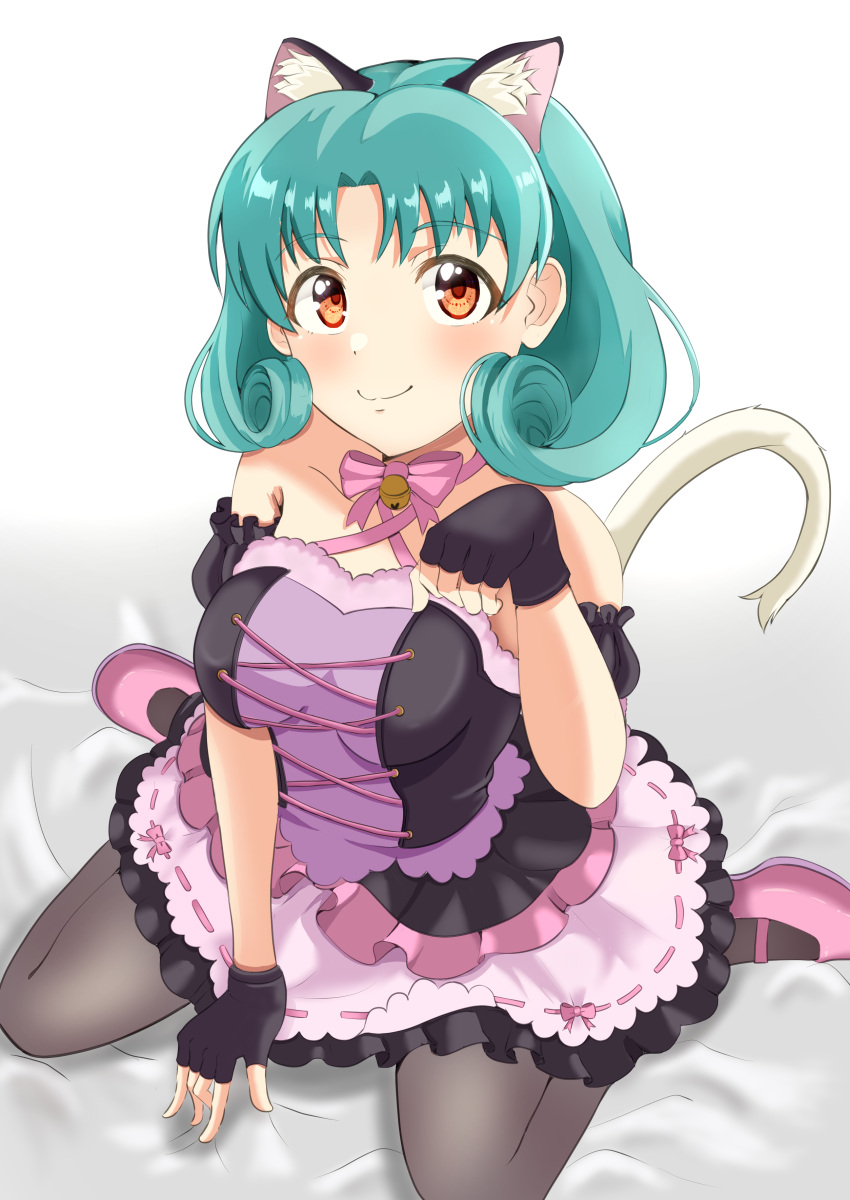 1girl absurdres animal_ears bell black_gloves blush bow breasts brown_eyes cat_ears cat_tail criss-cross_halter fingerless_gloves gloves green_hair grey_pantyhose halterneck highres idolmaster idolmaster_cinderella_girls impossible_clothes jingle_bell medium_breasts medium_hair pantyhose paw_pose pink_bow pink_footwear smile solo tail tanukiinu005 tokugawa_matsuri white_background