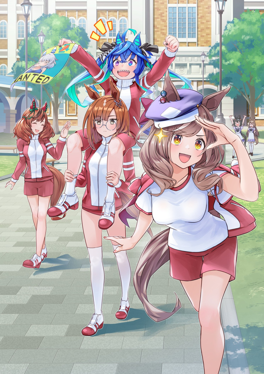 6+girls animal_ears arms_up blue_hair breasts brown_hair building buruma carrying carrying_person commentary_request glasses grass hair_ornament hat highres horse_ears horse_girl ikuno_dictus_(umamusume) jacket kitasan_black_(umamusume) long_hair matikane_tannhauser_(umamusume) medium_breasts medium_hair multiple_girls nabe_puyo nice_nature_(umamusume) open_mouth poster_(object) satono_diamond_(umamusume) school_uniform shorts sitting sitting_on_person tracen_school_uniform track_jacket tree twin_turbo_(umamusume) umamusume wanted yellow_eyes