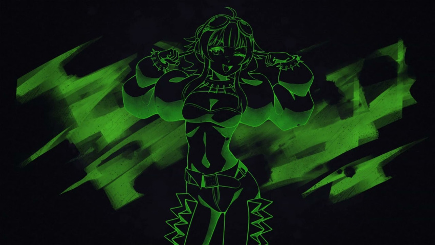 1girl belt black_background breasts collar cosplay cowlick eurovision_song_contest green_theme gumi kaarija kaarija_(cosplay) looking_at_viewer medium_breasts midriff monochrome navel one_eye_closed pants pointing pointing_at_self ragerkgk real_life solo spiked_collar spikes strapless tongue tongue_out tube_top vocaloid