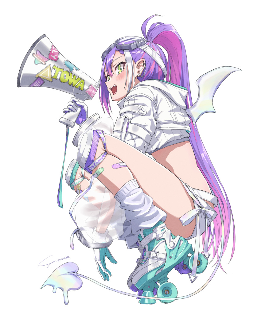 1girl :d absurdres bandaid bandaid_on_leg blush crop_top ear_piercing fake_wings from_side full_body gloves goggles goggles_on_head green_eyes high_ponytail highres hololive knee_pads leg_warmers long_hair long_sleeves megaphone open_mouth piercing pink_hair ponytail purple_hair ribbon roller_skates see-through short_shorts shorts signature simple_background skates smile solo tail tokoyami_towa very_long_hair virtual_youtuber white_background white_gloves white_ribbon white_shorts wings yo_na