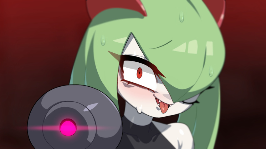 2023 bodily_fluids drunk_oak gradient_background green_hair hair hi_res humanoid looking_at_viewer open_mouth red_background red_eyes red_tongue simple_background solo sweat teeth tongue tongue_out white_body white_skin