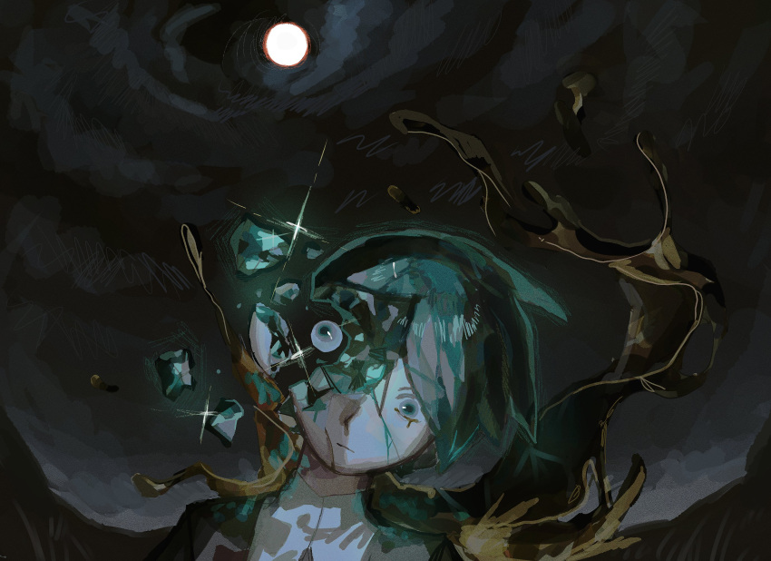 1other androgynous aqua_eyes aqua_hair black_shirt breaking closed_mouth cloud cloudy_sky collared_shirt cracked_skin crystal_hair expressionless eyeball film_grain floating_hair full_moon glint gold grass highres houseki_no_kuni leaning_to_the_side looking_down molten_metal moon moonlight night outdoors phosphophyllite portrait shirt short_hair sky whale_daisuki