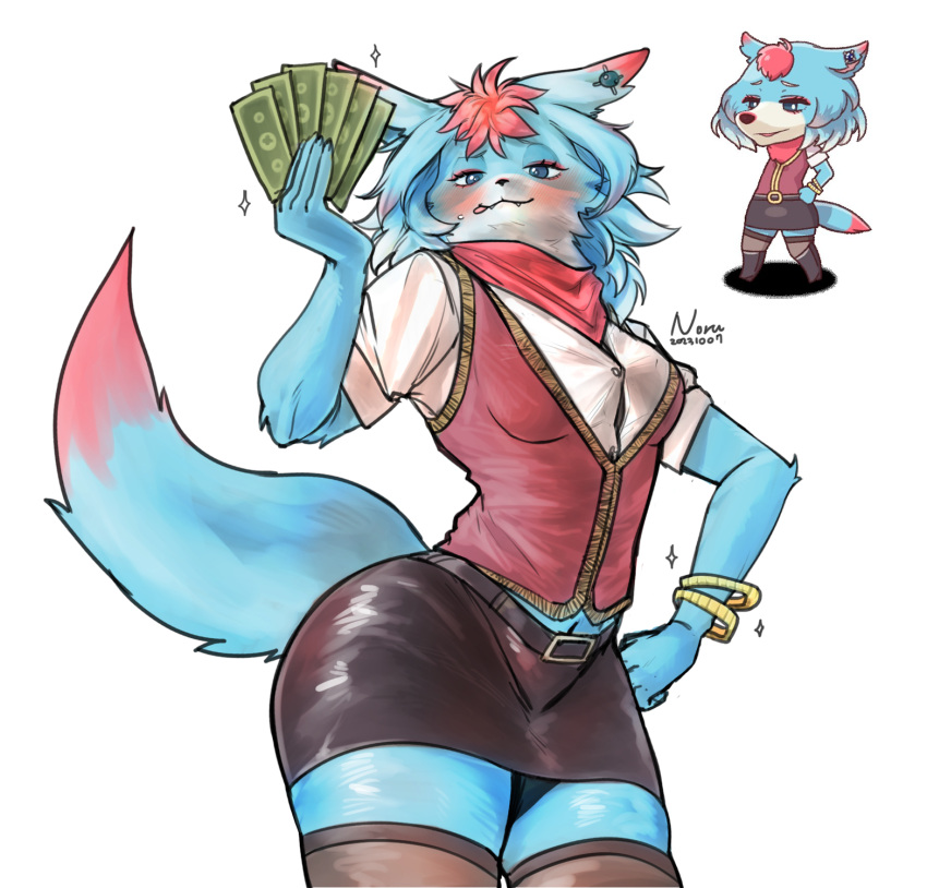 anthro banknote belt big_butt blue_body blue_fur blush bottomwear bracelet butt canid canine canis clothing ear_piercing eyeshadow female fur hair hi_res jewelry legwear looking_at_viewer makeup mammal miniskirt money multicolored_body multicolored_fur navel noruru3737 piercing red_eyeshadow red_hair scarf shirt simple_background skirt smug smug_face solo stockings suspiciously_wealthy_furry thick_thighs tongue tongue_out topwear trickcal vest white_body white_fur wolf