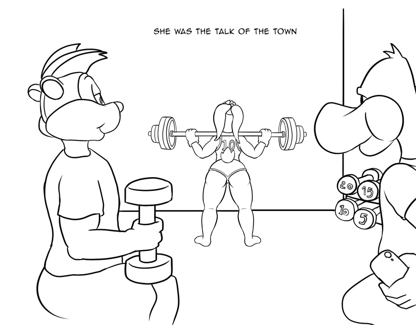 anatid anseriform avian bird daffy_duck duck exercise female group gym_clothing hi_res humanoid lagomorph leporid lola_bunny looney_tunes lordcuckness male mammal mephitid pepe_le_pew rabbit skunk stare trio warner_brothers weightlifting workout