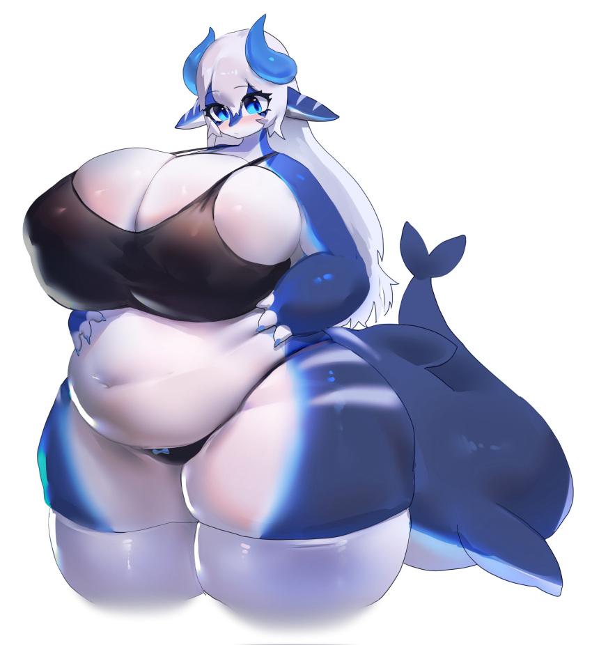 anthro big_breasts biped blue_body blue_eyes bra breasts clothed clothing female fish hair hi_res legwear marine shark simple_background solo thigh_highs underwear utterangle white_background white_body white_hair